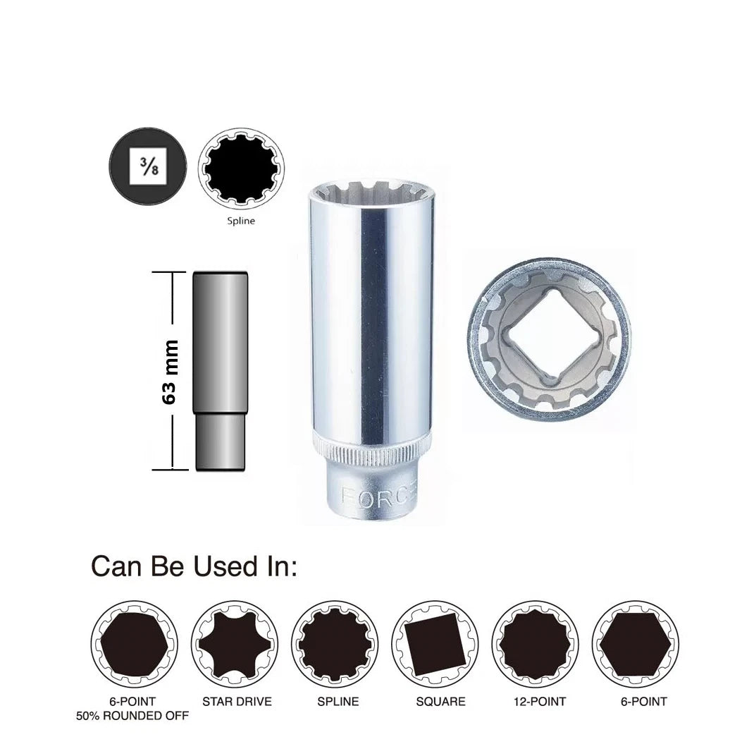 Force 3/8" Dr. 12pt 63mm Deep Spline Female Socket Multi-tooth Gear