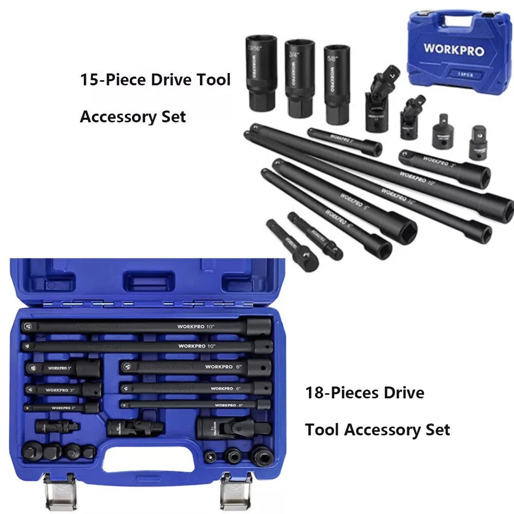 WORKPRO 15-Pieces Drive Socket Extensions Set/18-Pieces Drive Tool Accessory Set