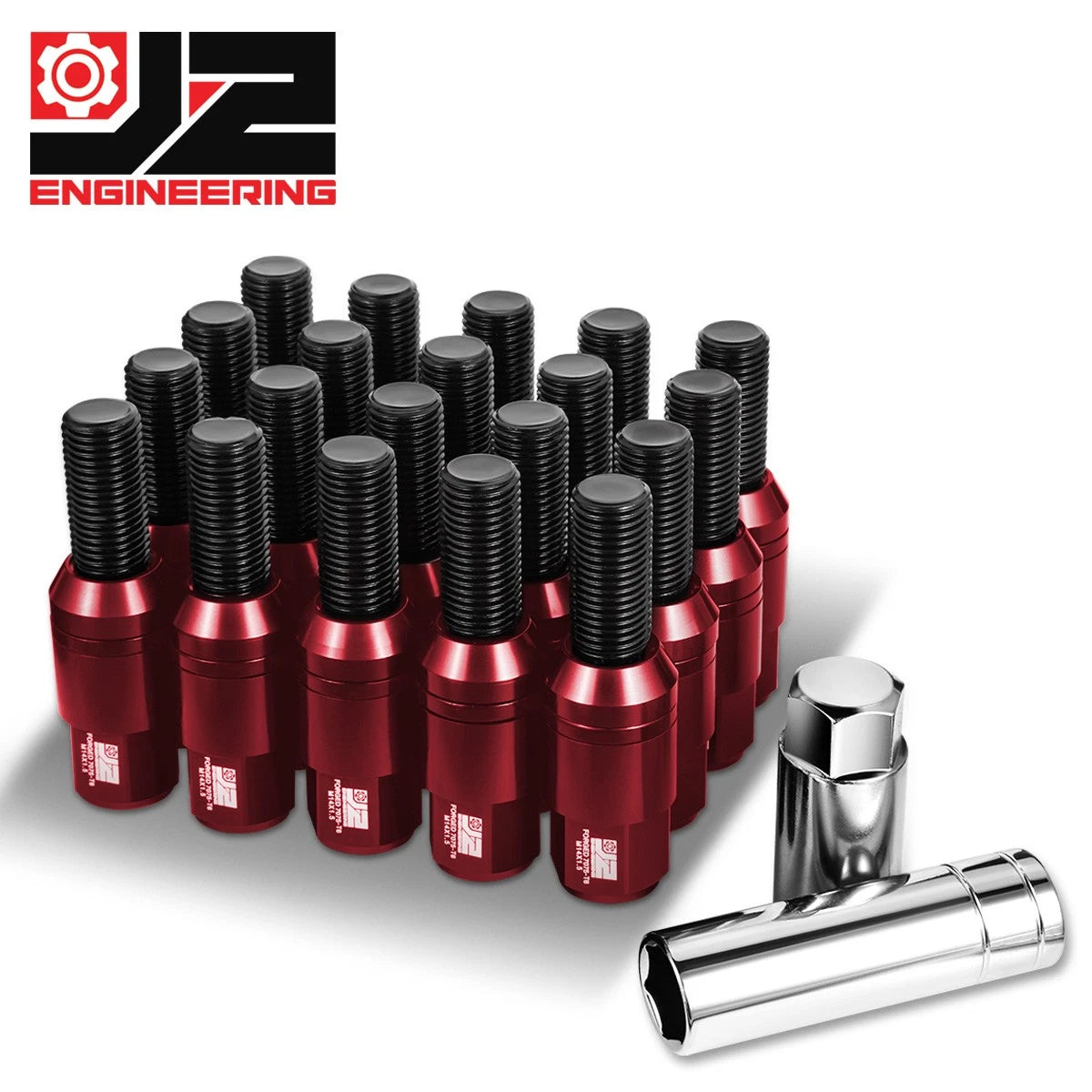 J2 Aluminum Red M14x1.5 23mm Od/ 76mm Hieght Closed End Lug Nuts + Cap