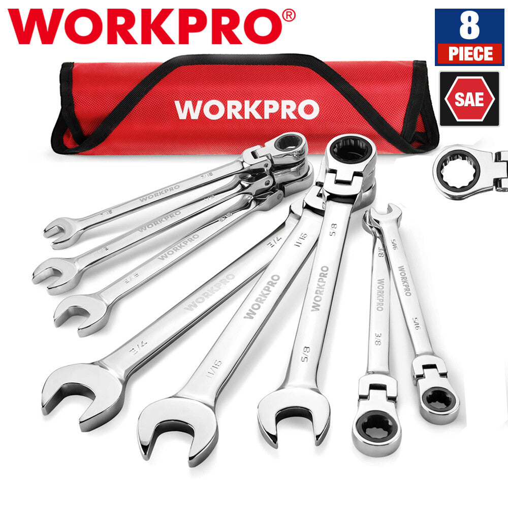 WORKPRO 8PC Flex-Head Ratcheting Combination Wrench Set 72-Teeth SAE