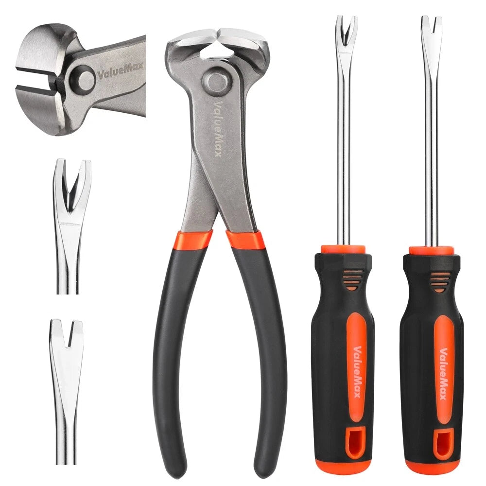 VALUEMAX 3PCS Nail Puller Nail Remover 7" End Cutting Plier 8" V Tip Tack Lifter