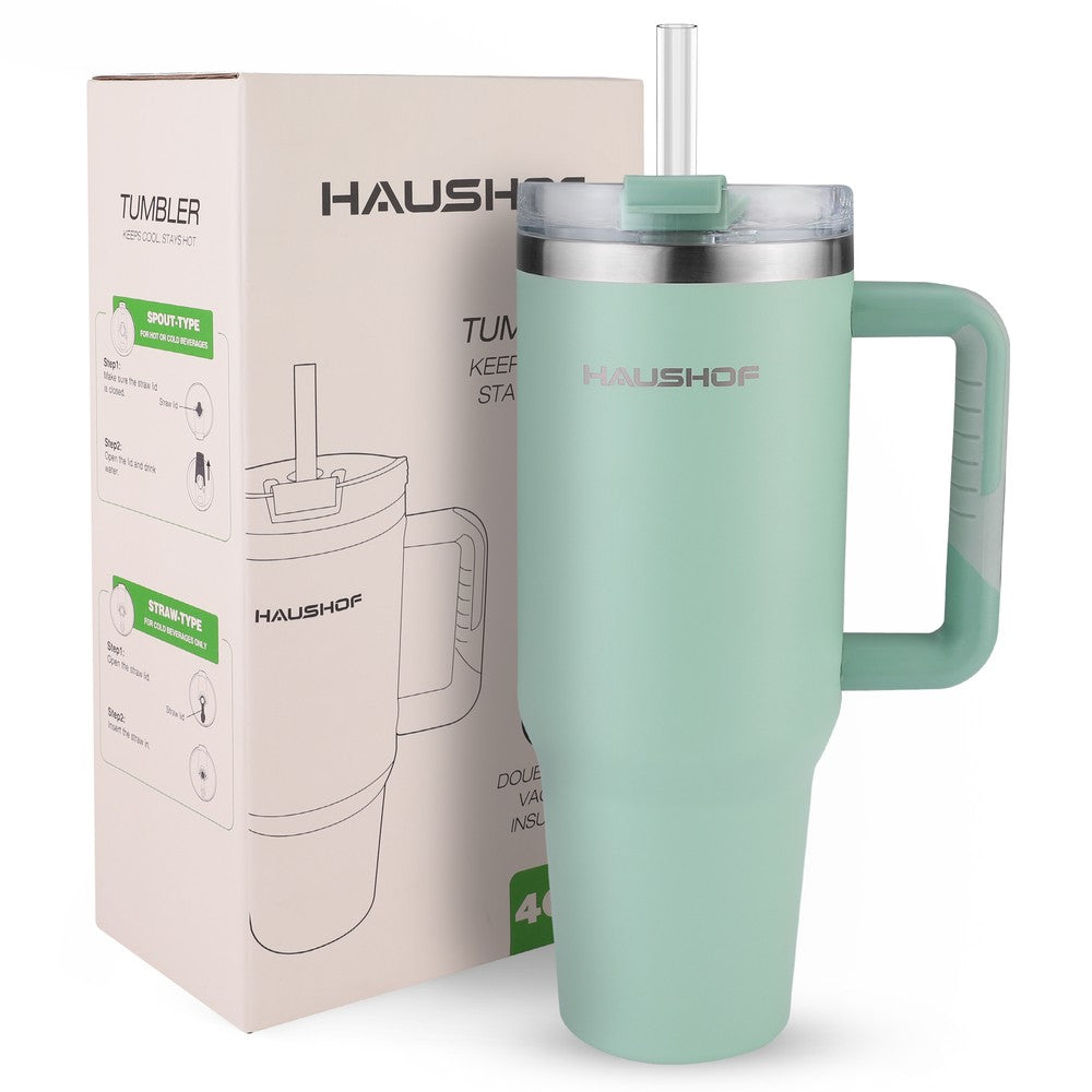 HAUSHOF 40 oz Stainless Steel Tumbler w/Handle Straw Double 