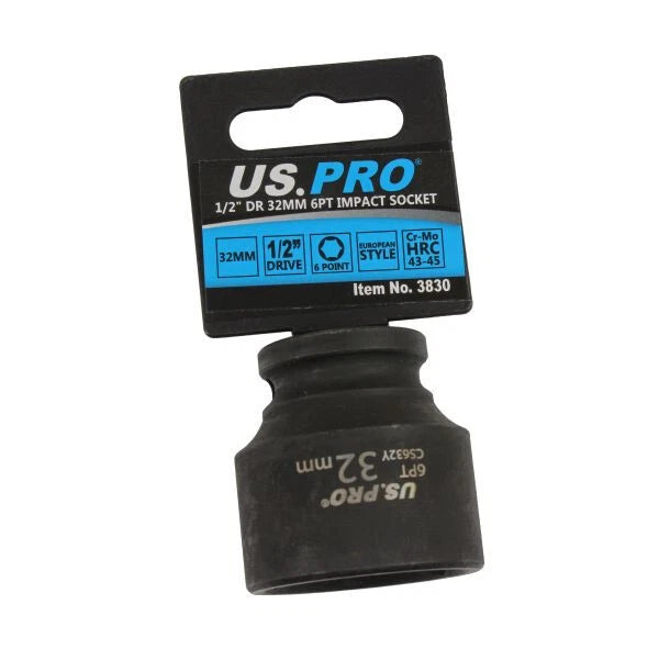Us Pro 32mm Impact Socket 1/2 Drive 6 Point Cr-mo Shallow Black