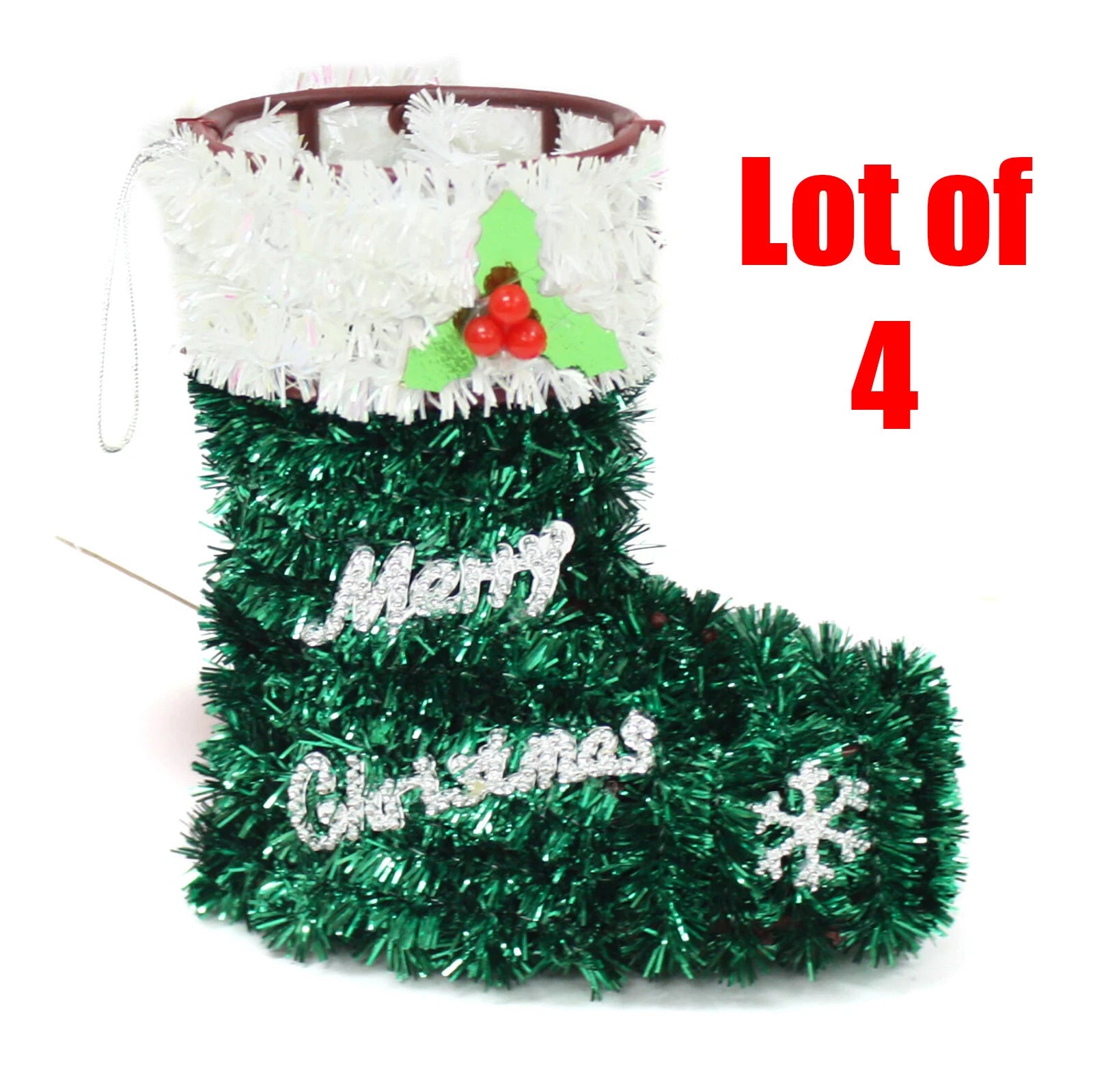 4 Lot | 5" Tinsel Christmas Holiday Stocking Hangable Ornament