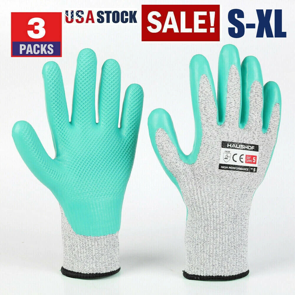 HAUSHOF 3 Pair Latex Coated Level Gloves Working Gloves 5 Cut Resistant S/M/L/XL