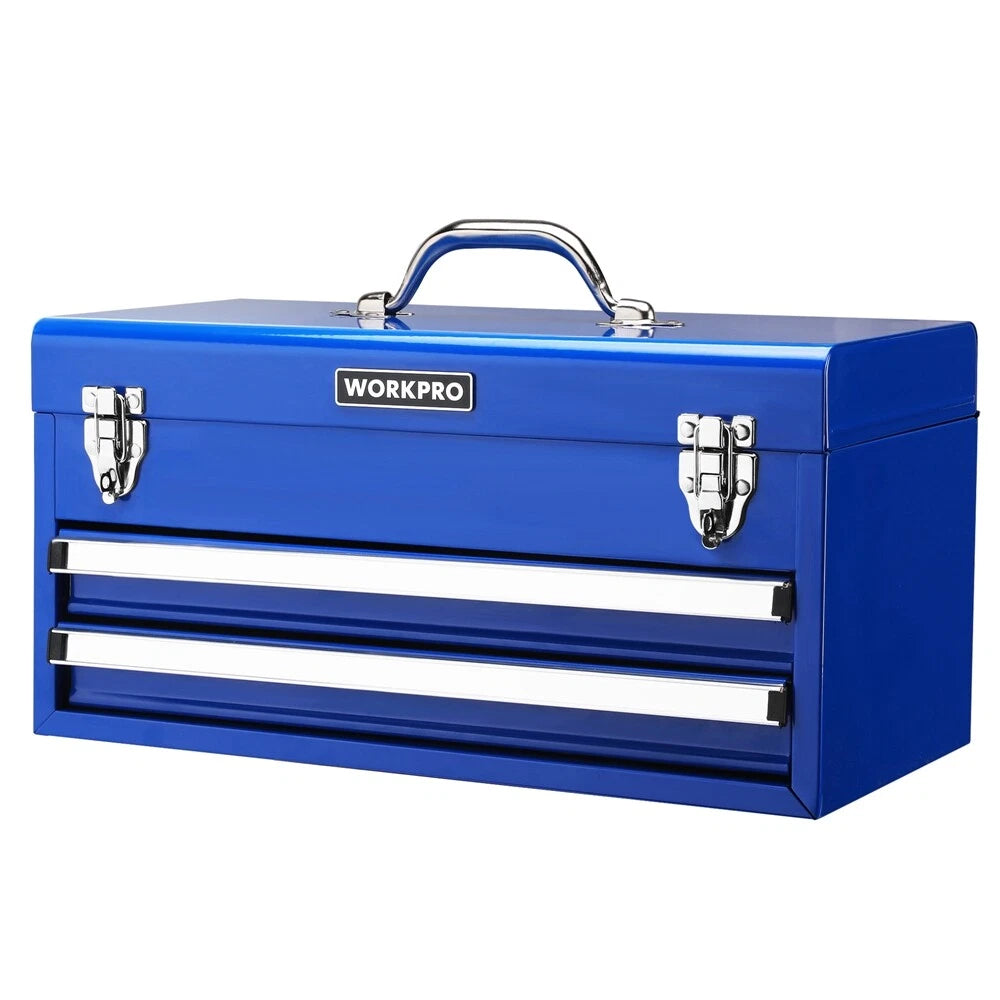 18" Metal Tool Box W/metal Latch Liner 2 Drawers 1 Top Storage