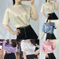 Women's Solid Shiny Tee Top Short Sleeve Round Neck Loose Fit Summer