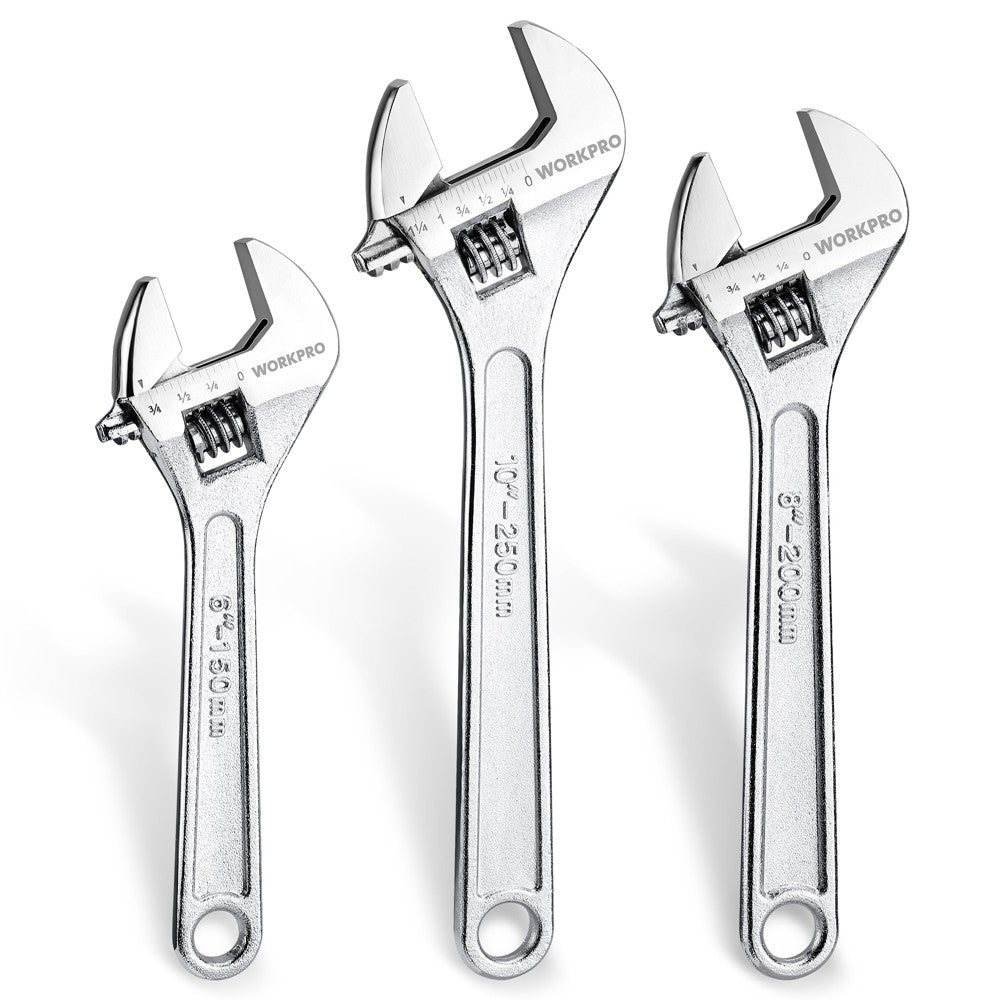WORKPRO 3PC 6" 8" 10" Adjustable Wrench Set Forged Carbon Steel
