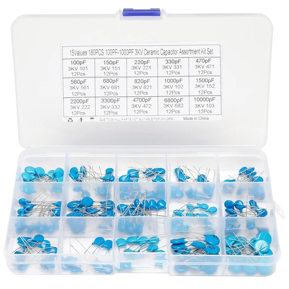 180Pcs 100pF-10000pF 15 Value 1kV High Voltage Ceramic Capacitors