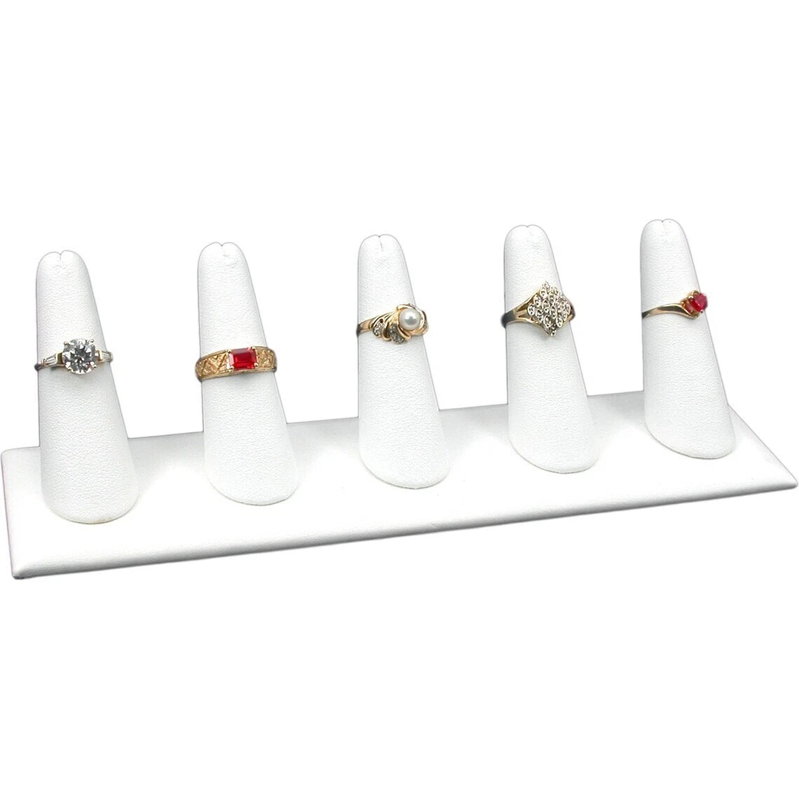 Jewelry Display Showcase 8x2x2-1/4" White Faux Leather Five Fingers