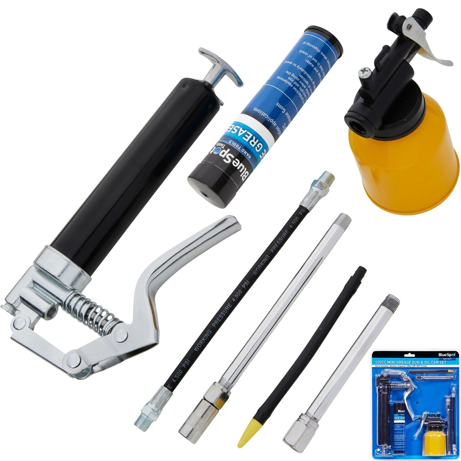 BlueSpot Manual Mini Grease Gun Lever Pistol Grip 120cc Cartridge & Oil Can SetO
