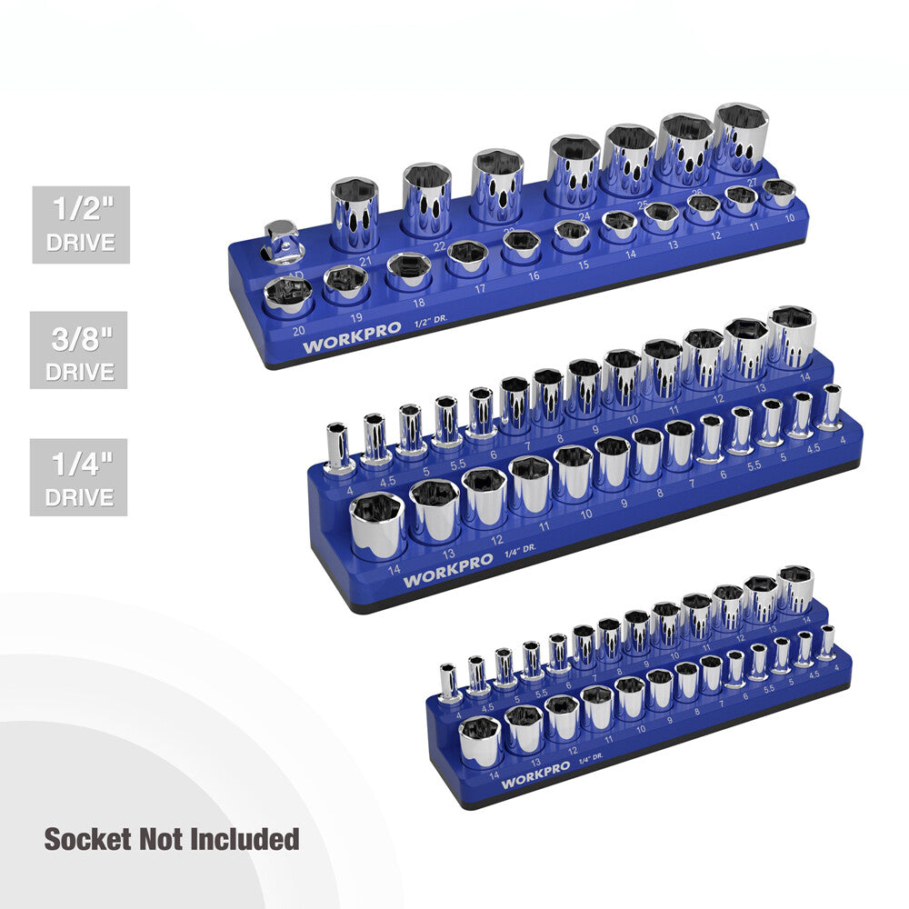 WORKPRO 3PC Magnetic Socket Organizer Set Metric Socket Holder 1/4"