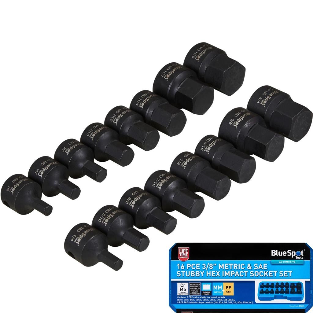 Bluespot 16pc Drive Stubby Hex Impact Socket Set by Bluespot