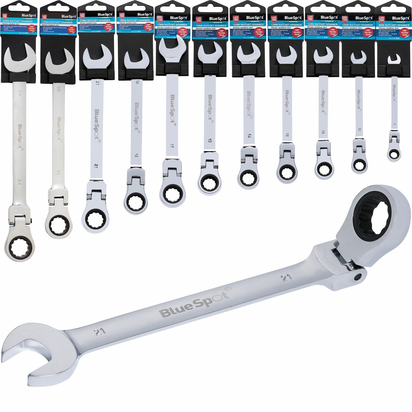 BlueSpot Ratchet Spanner Combination Flexible Head Wrench Metric 8mm To 24mmOpen