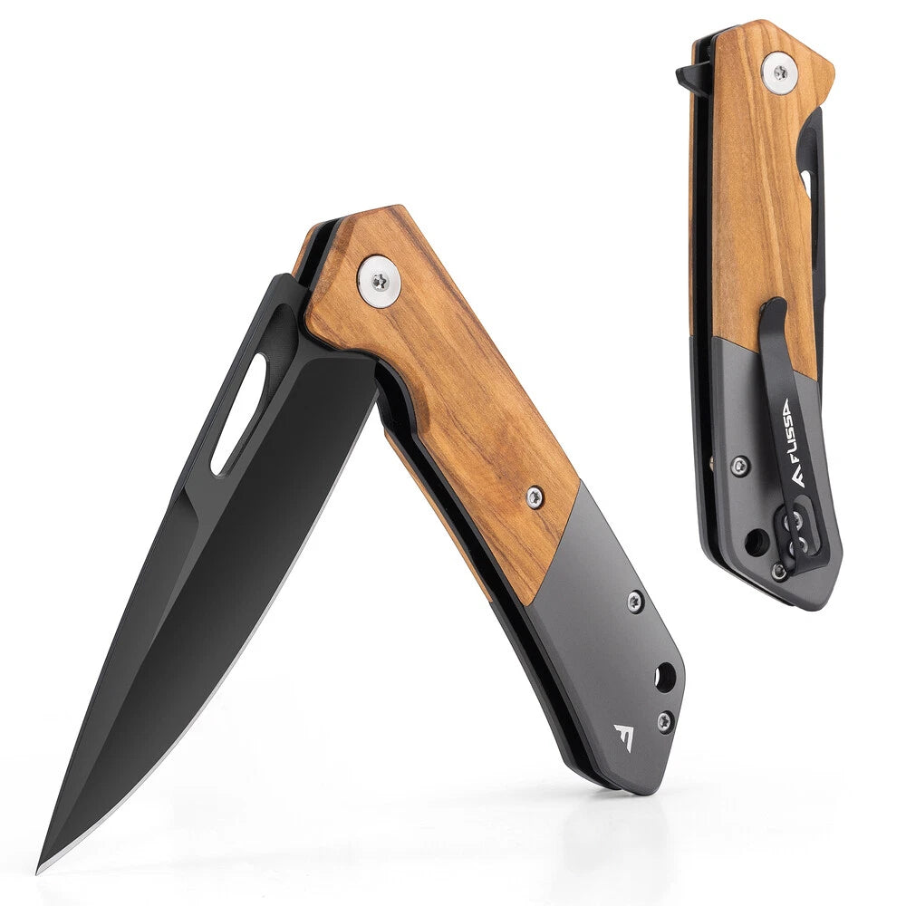 Flissa Folding Pocket Knife W/olive Wood-steel Handle Sandvik 14c28n