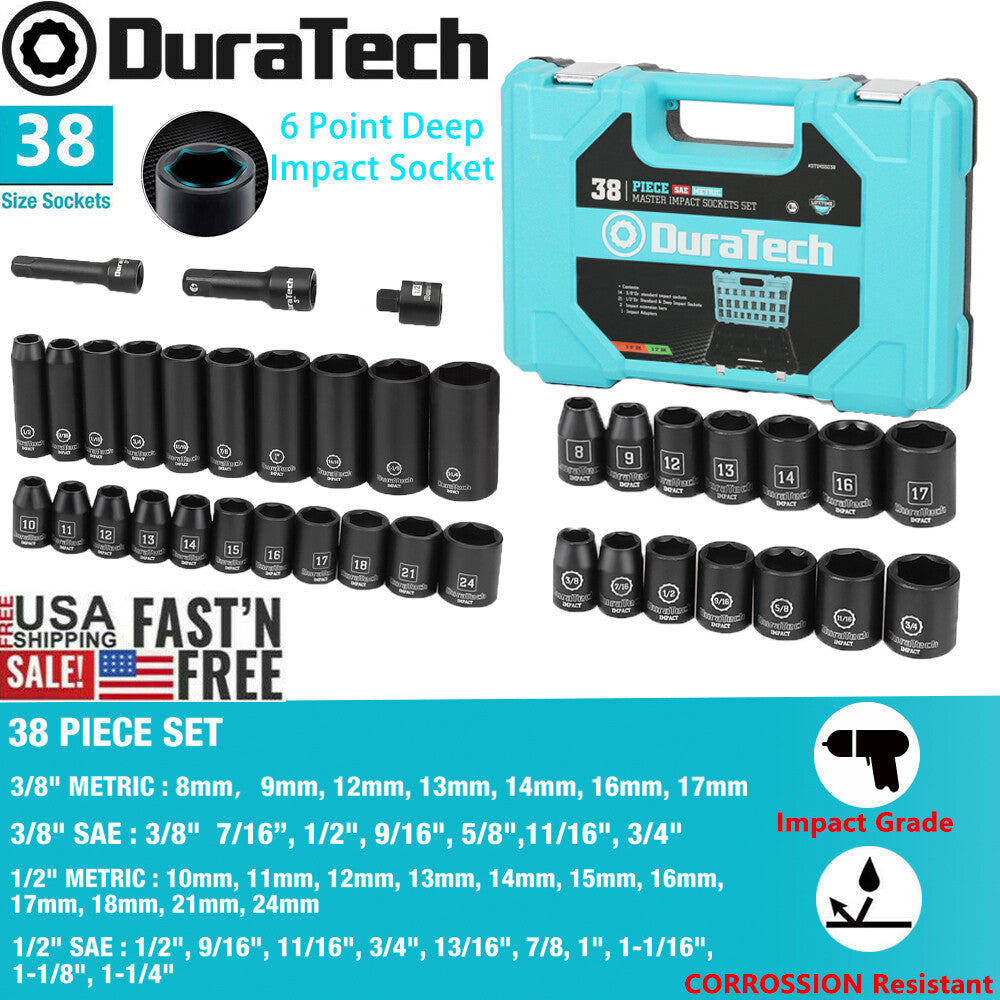 DURATECH 38PC 1/2-3/8 Drive Deep Impact Socket Set