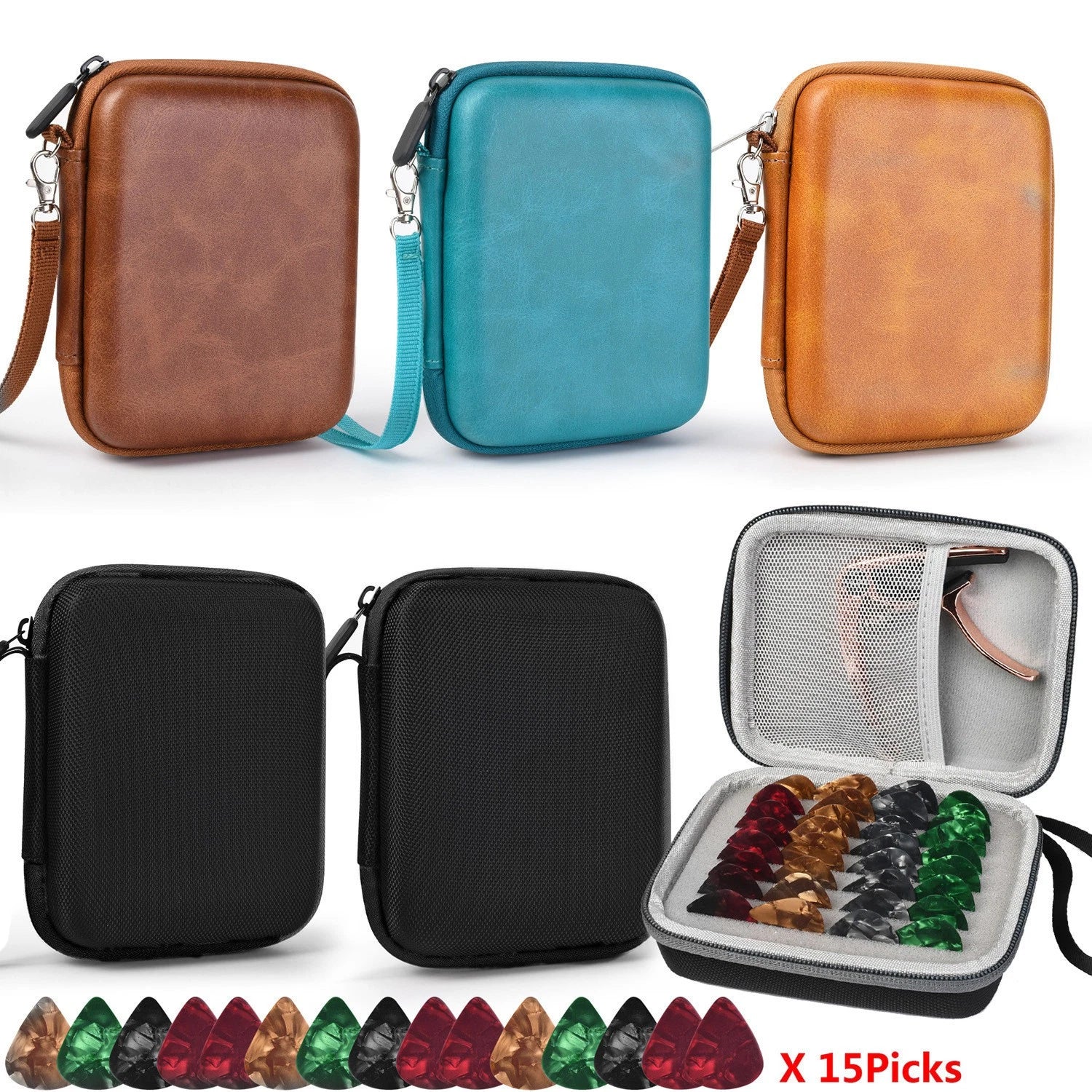 15pack 0.75mm Guitar Picks+storage Bag Carrying Case Large Capacity
