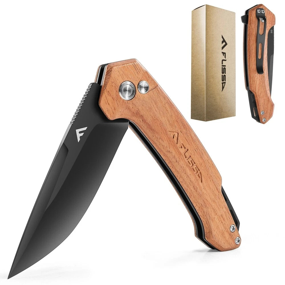 FLISSA 3.2” Folding Pocket Knife Wood Handle D2 Blade w/ Button Lock Pocket Clip