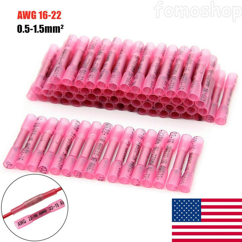 Red Heat Shrink Butt Wire Connectors Crimp Terminals Awg 16-22 Gauge