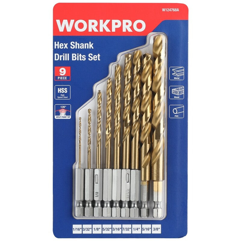 WORKPRO 9-Piece 1/4-Inch Hex Shank Drill Bit Set by WORKPRO