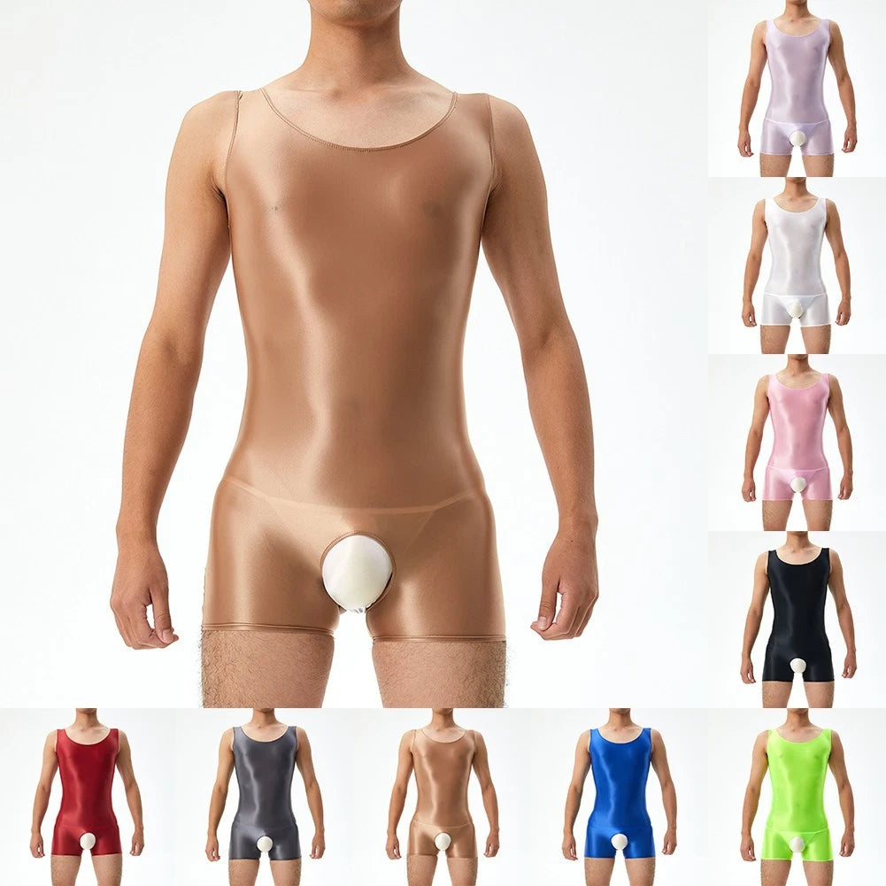Glossy Mens Crotchless Sleeveless Shorts Jumpsuits Underwear Grey M Xl