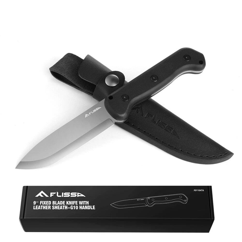 Flissa 9" Fixed Blade Knife D2 Steel Hunting Knife Withleather Sheath
