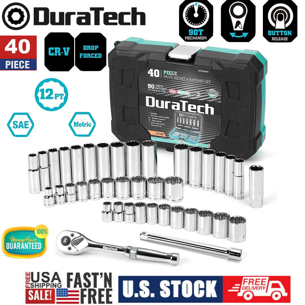 DURATECH 40 PCS 3/8" Drive Socket Set SAE &amp; Metric Mechanics Tool Set w/Case NEW