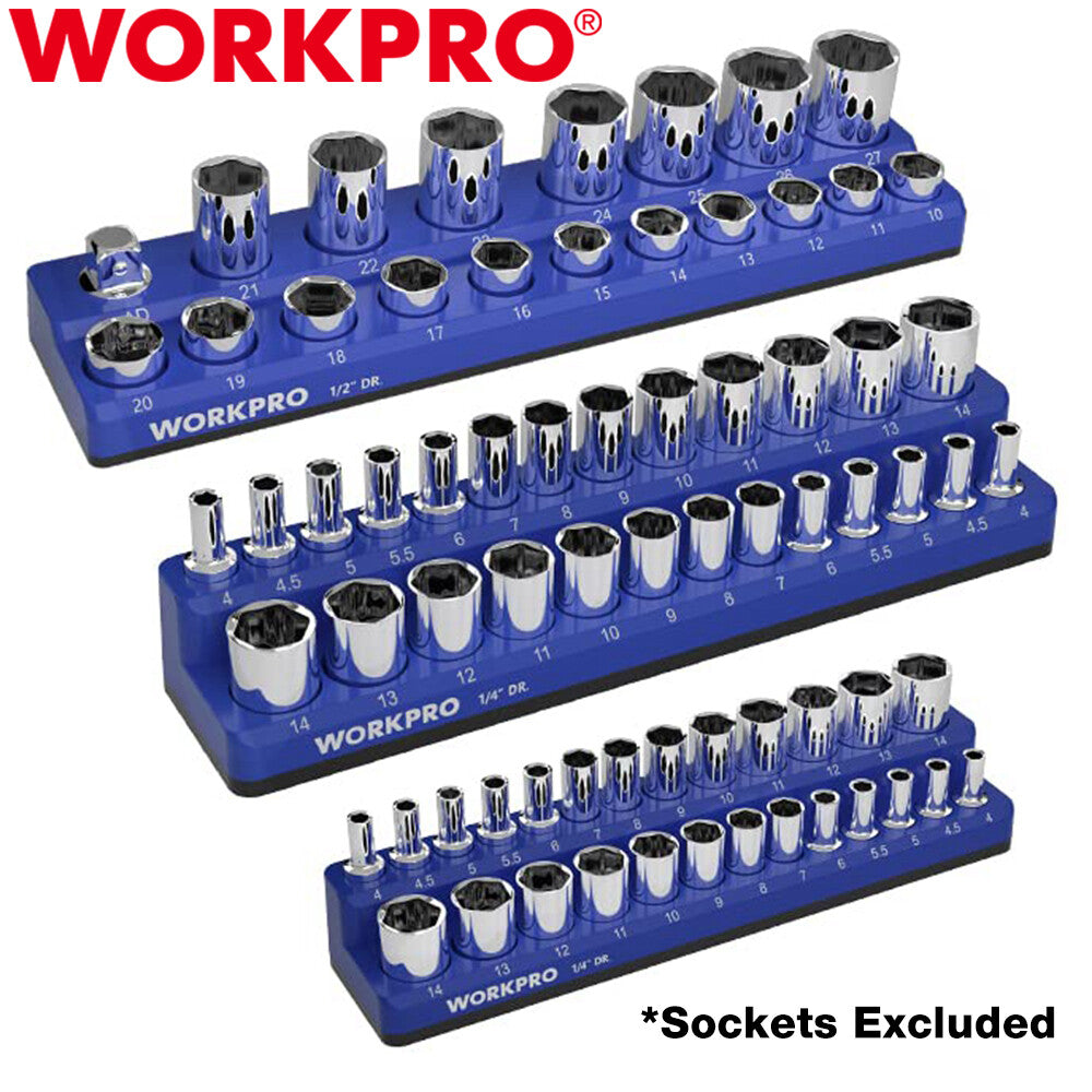 WORKPRO 3PCS Magnetic Socket Organizer Set 1/4" 3/8" 1/2" Dr Metric