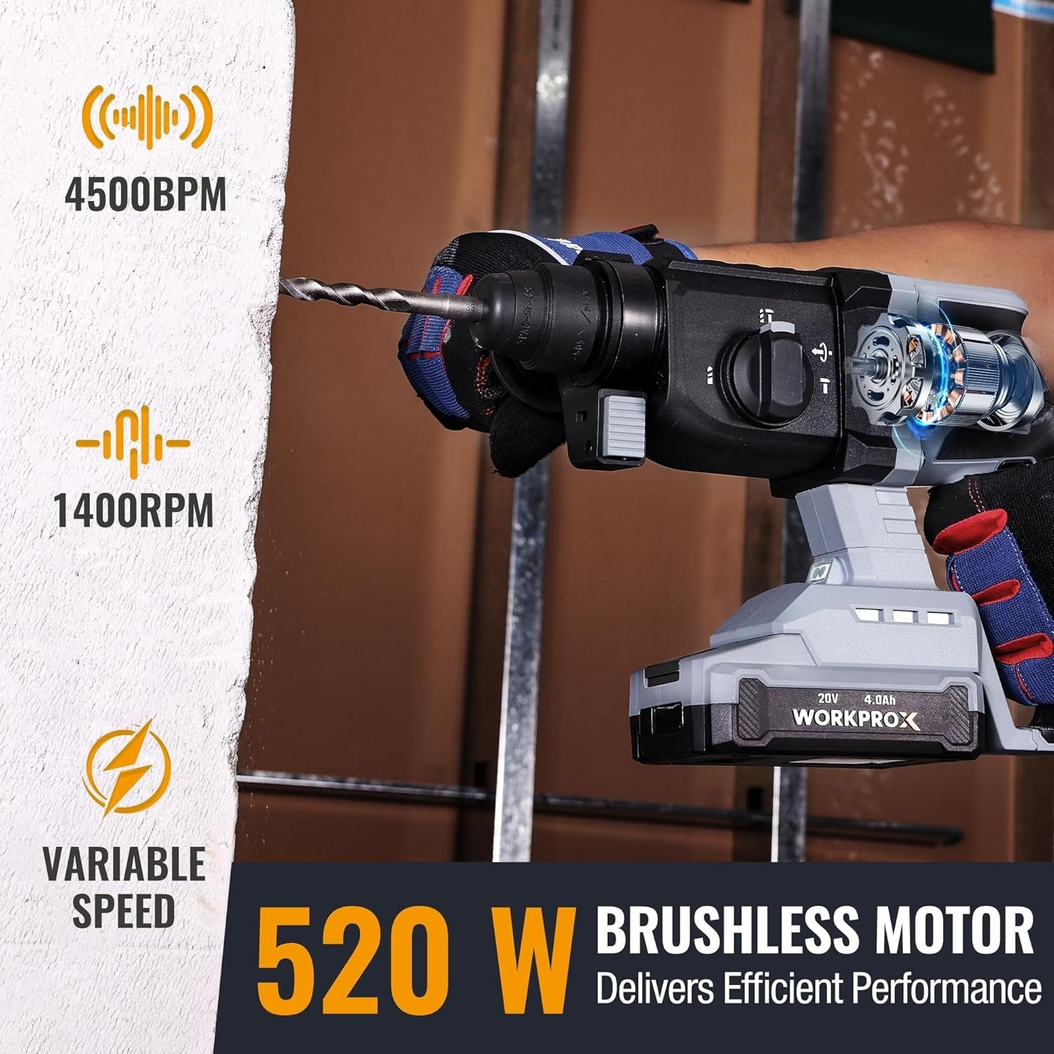 WORKPROX 20V Cordless Rotary Hammer Drill Lightweight SDS Hammer Drill for Home