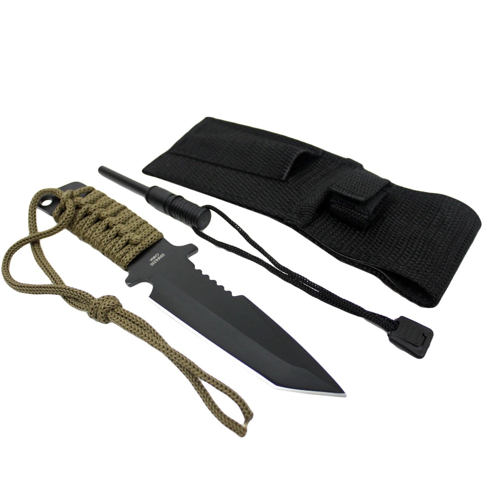 7" Hunting Knife W/ Fire Starter & Paracord Carbon Steel Blade