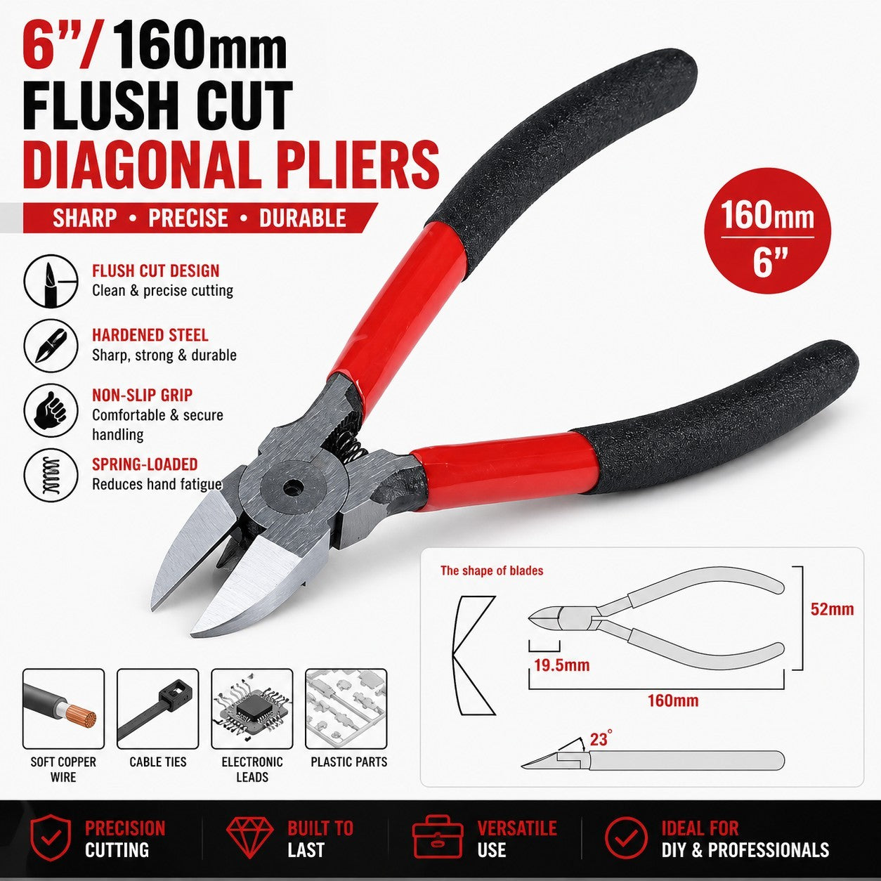 2PC Flush Cut Diagonal Side Cutting Pliers 160MM