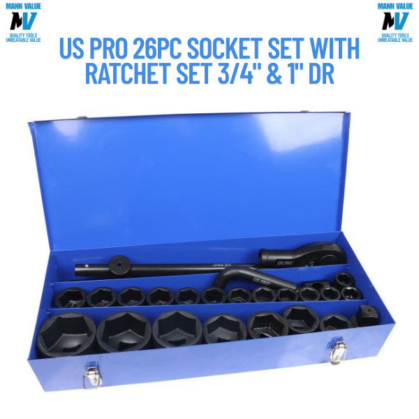 US Pro Tools 26pc Socket Set With Ratchet 3/4" & 1" Dr