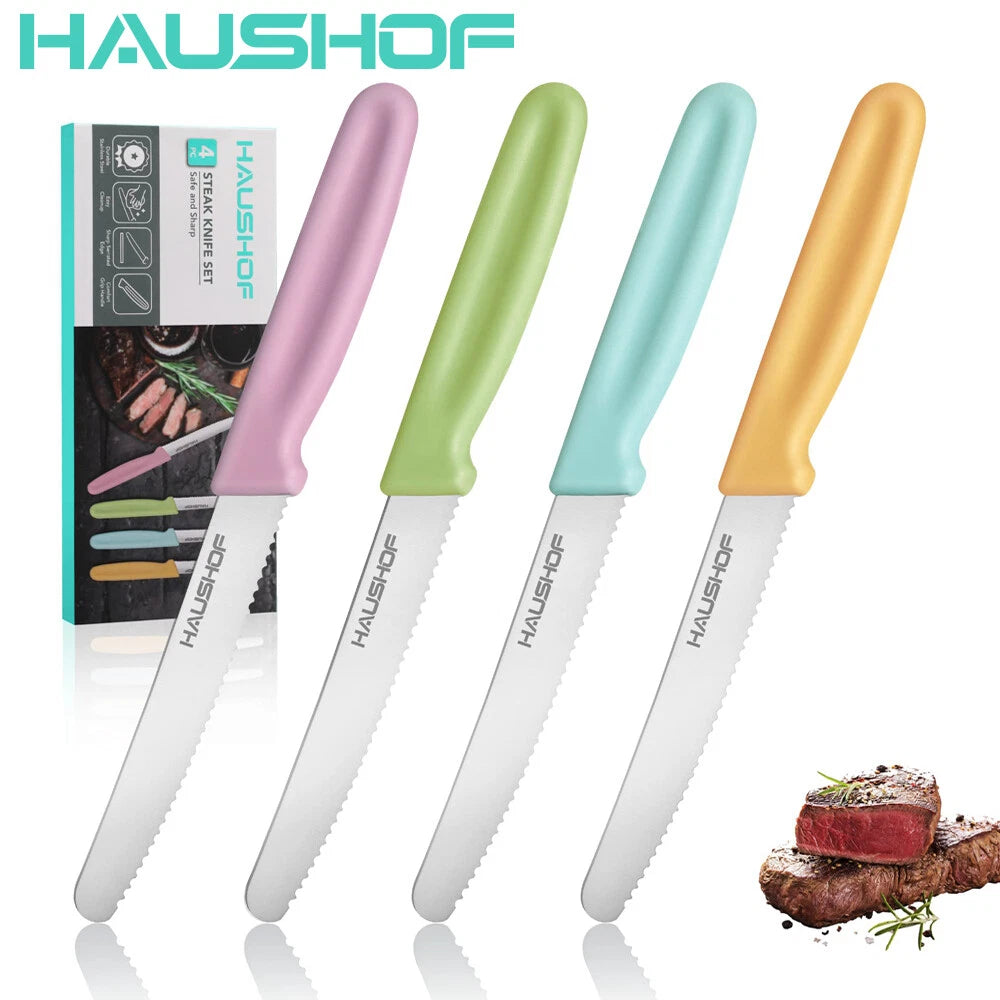 HAUSHOF Steak Knife Set 4PC Serrated Steak Knife Stainless Steel Steak Knife Set