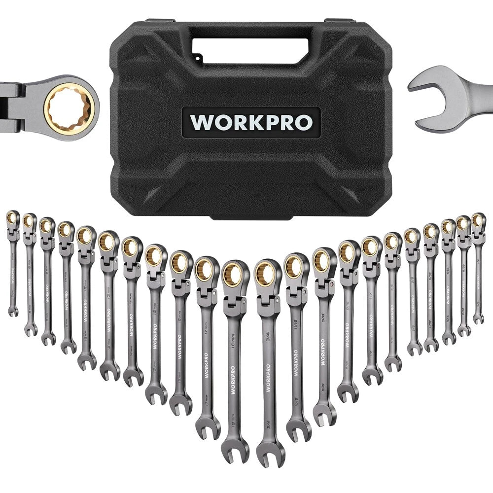 WORKPRO Flex-Head Ratcheting Wrench Set 22PC SAE 1/4-3/4" Metric 6-18mm 72 Teeth