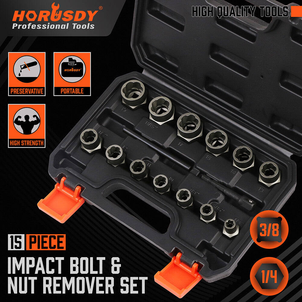 15PC Impact Bolt & Nut Remover Set Extractor Damaged Rusted Adapter