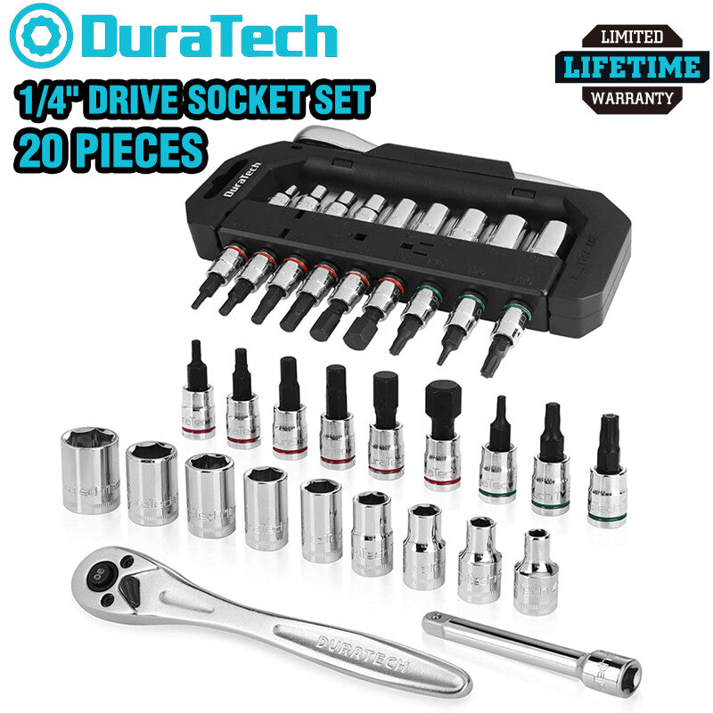 DURATECH 1/4" Dr Socket Set 20PC Metric Bit Sockets Ratchet Wrench