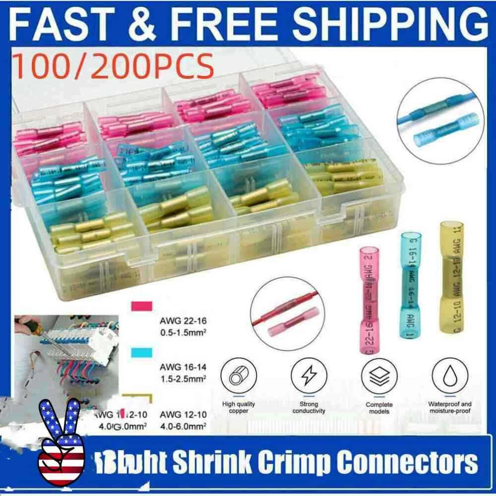 Heat Shrink Butt Wire Splice Connectors Seal Crimp Terminals 22-10awg