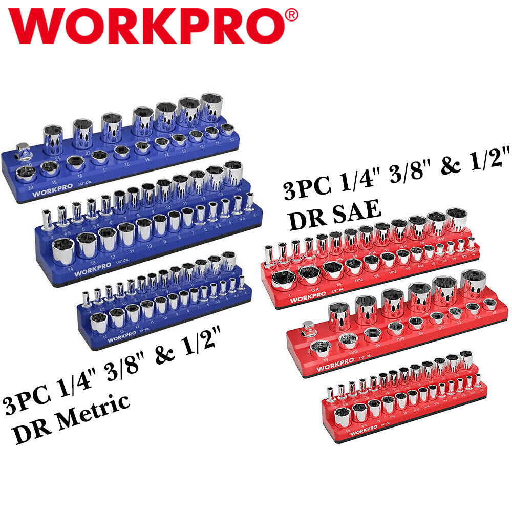 WORKPRO 3PCS/6PCS 1/4" 3/8" 1/2" Magnetic Socket Organizer Holder Set