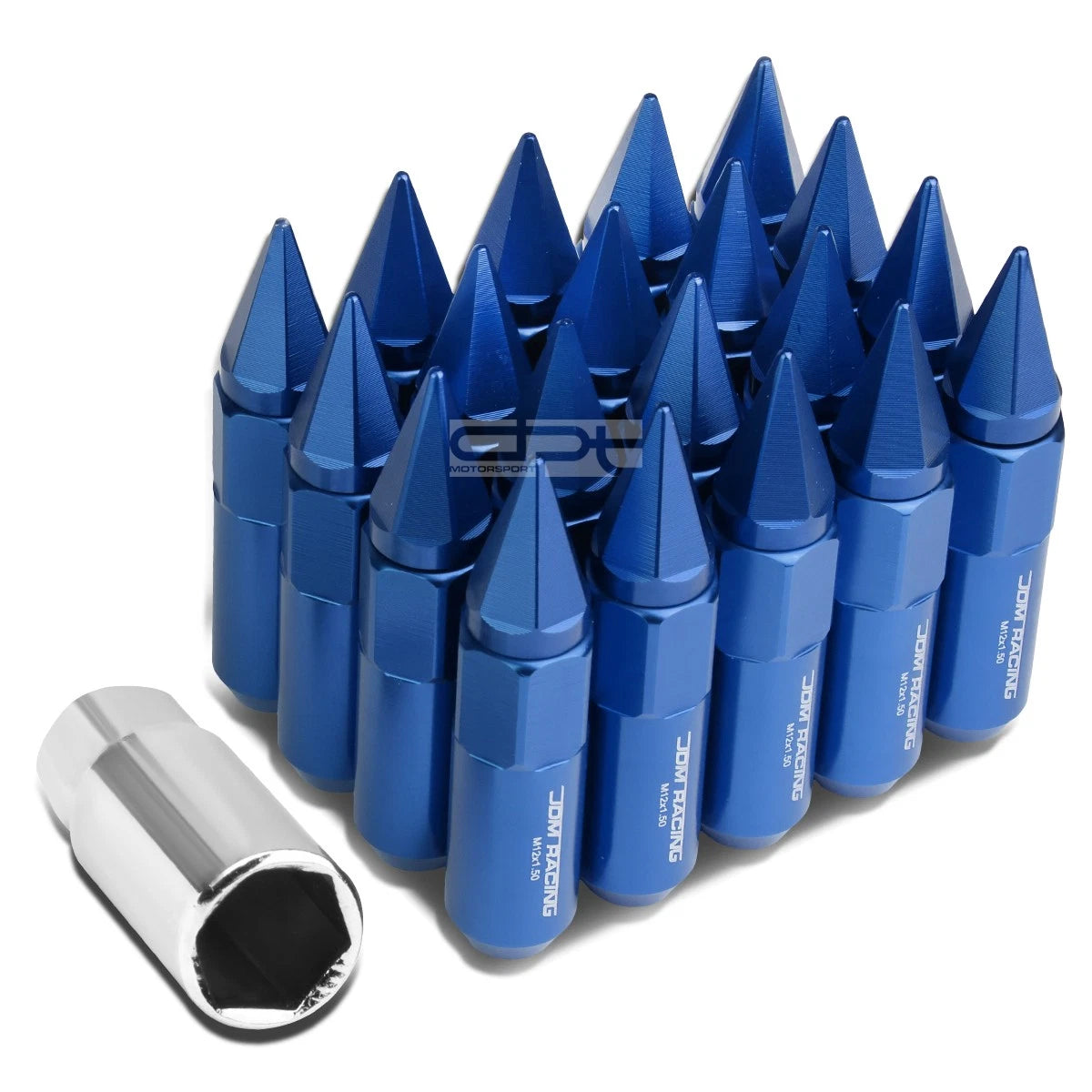 M12x1.5 90mm Tall 20mm Od Blue Aluminum Jdm Spiked Cap Lug