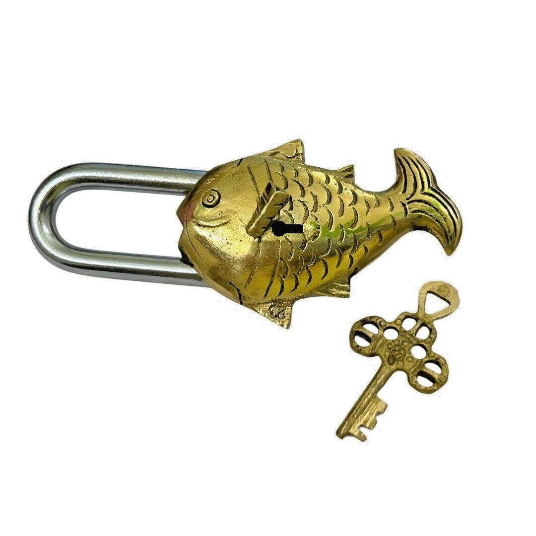 Antique Padlock Brass Hand Crafted Working Decorative Small Fish