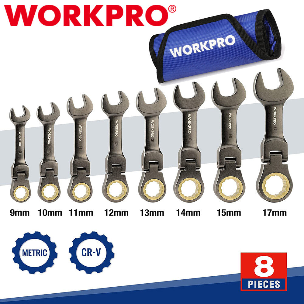 WORKPRO 8-Piece Flex-Head Stubby Ratcheting Combination Wrench Set