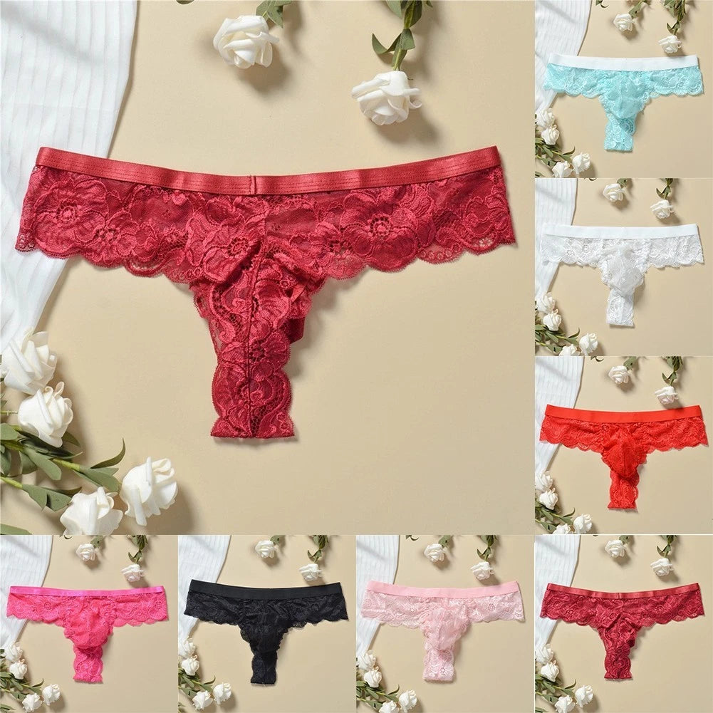 Men's Sheer Lace Thongs Low Waist Transparent Bulge Pouch Breathable
