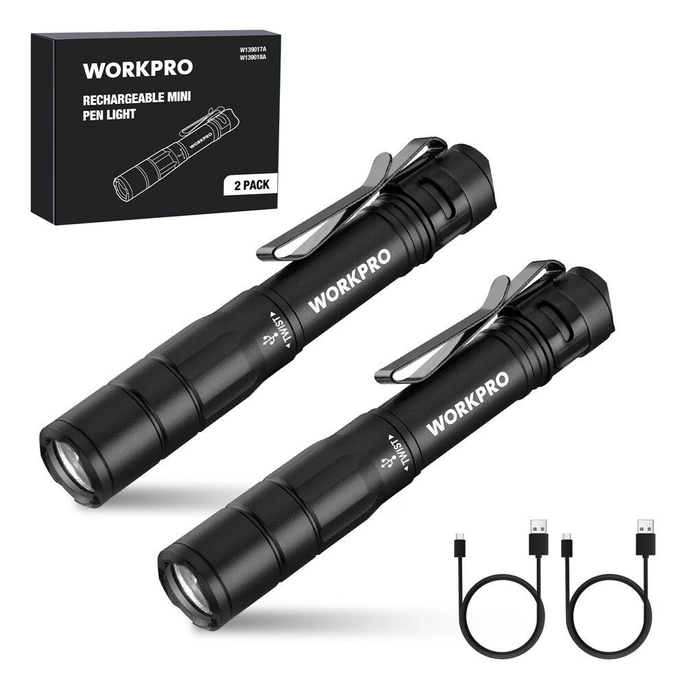 WORKPRO Rechargeable Pen Light Mini Flashlight 2 Pack Ultra-