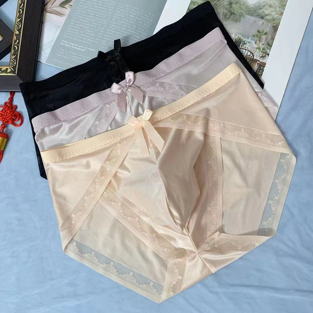 Mens Breathable Sheer Seamless Lace Underwear Briefs With Pouch