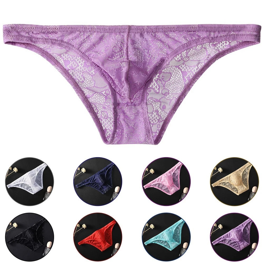 Men Lace Seamless Briefs Underwear Thong Transparent Panties Low Rise
