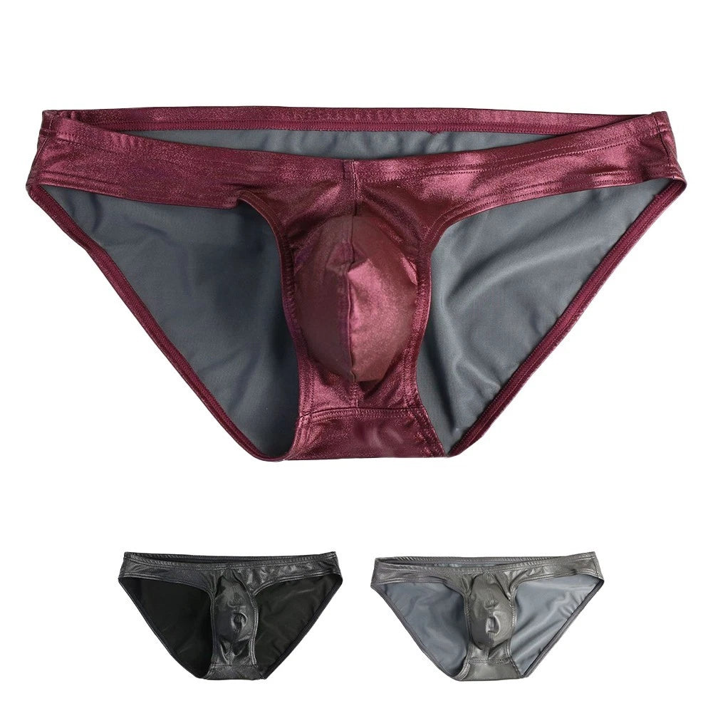 Men Comfortable Low Waist Briefs Faux Leather Underpants With Pouch