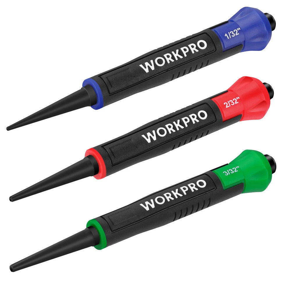 WORKPRO 3PIECE Nail Punch Set Nail Setter Color Coded Nail Set 1/32" 1/16" 3/32"