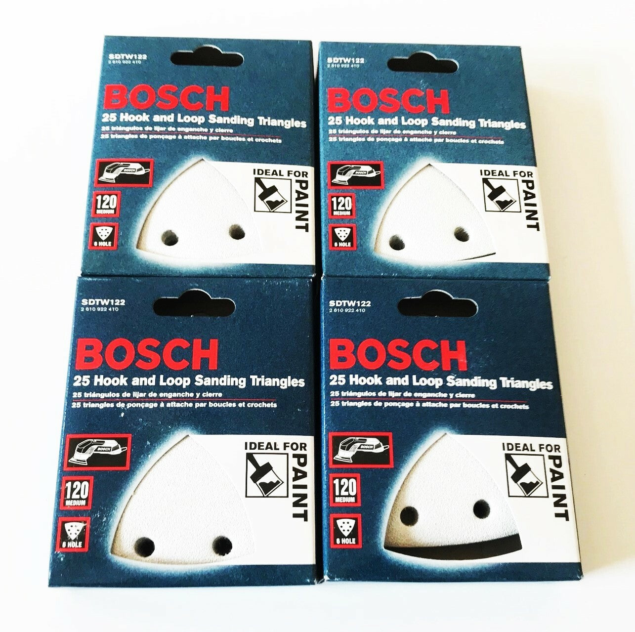 100 BOSCH HOOK AND LOOP SANDING TRIANGLES DISCS 120 GRIT 6 HOLE ITALY SDTW122Ope