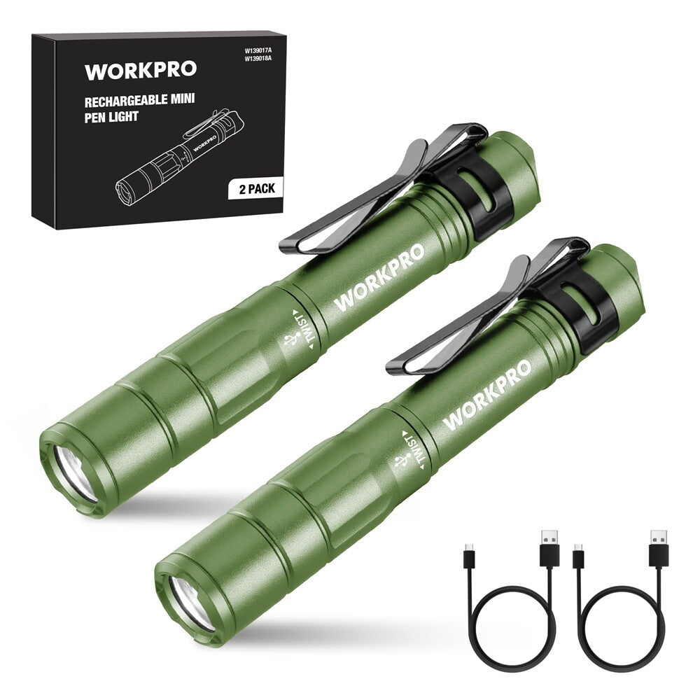 WORKPRO 2PCS Rechargeable LED Pen Light Ultra-Compact Flashlight Mini