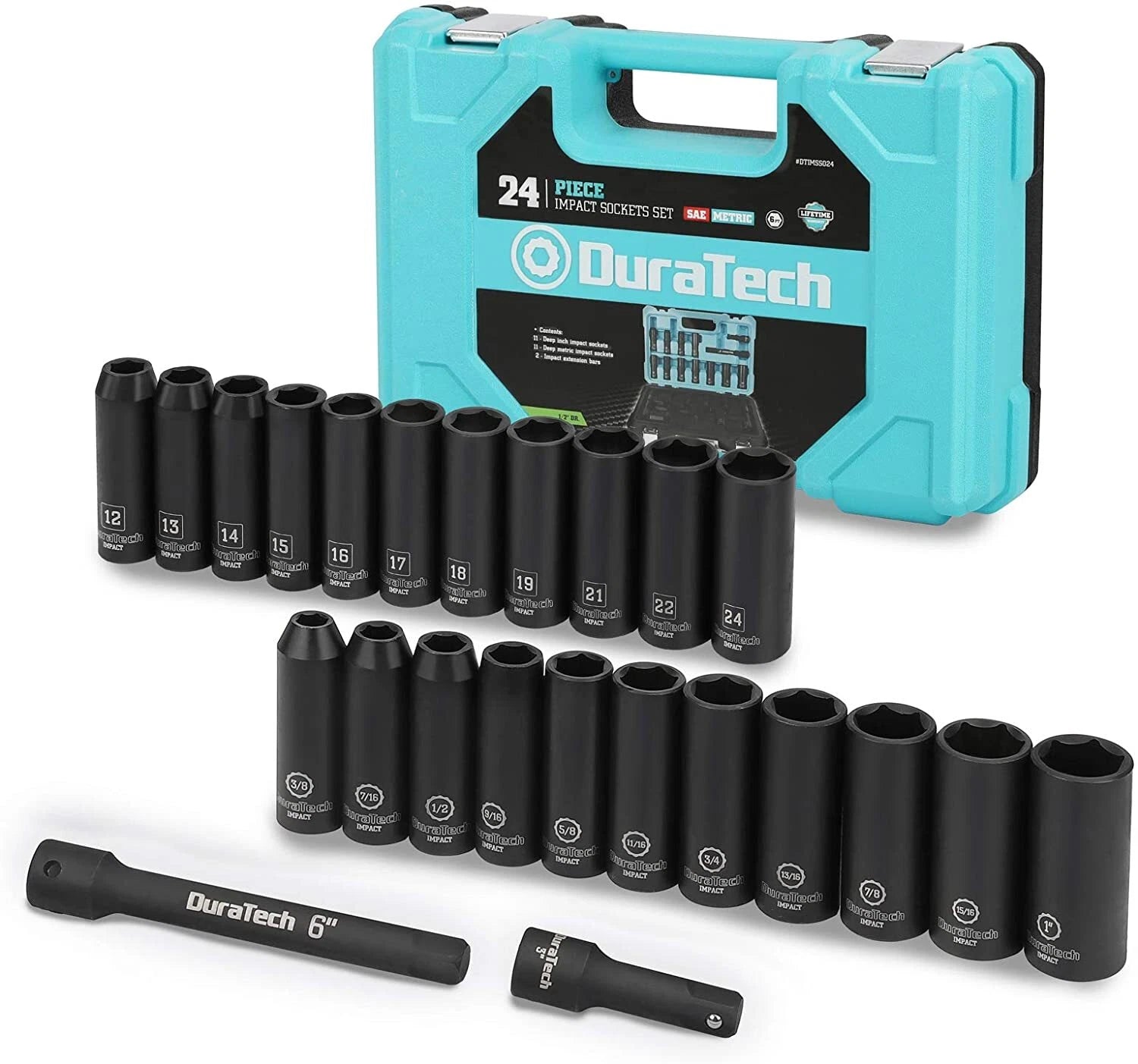 Duratech 1/2" Dr Impact Socket Set Deep Impact Socket Set Metric Sae